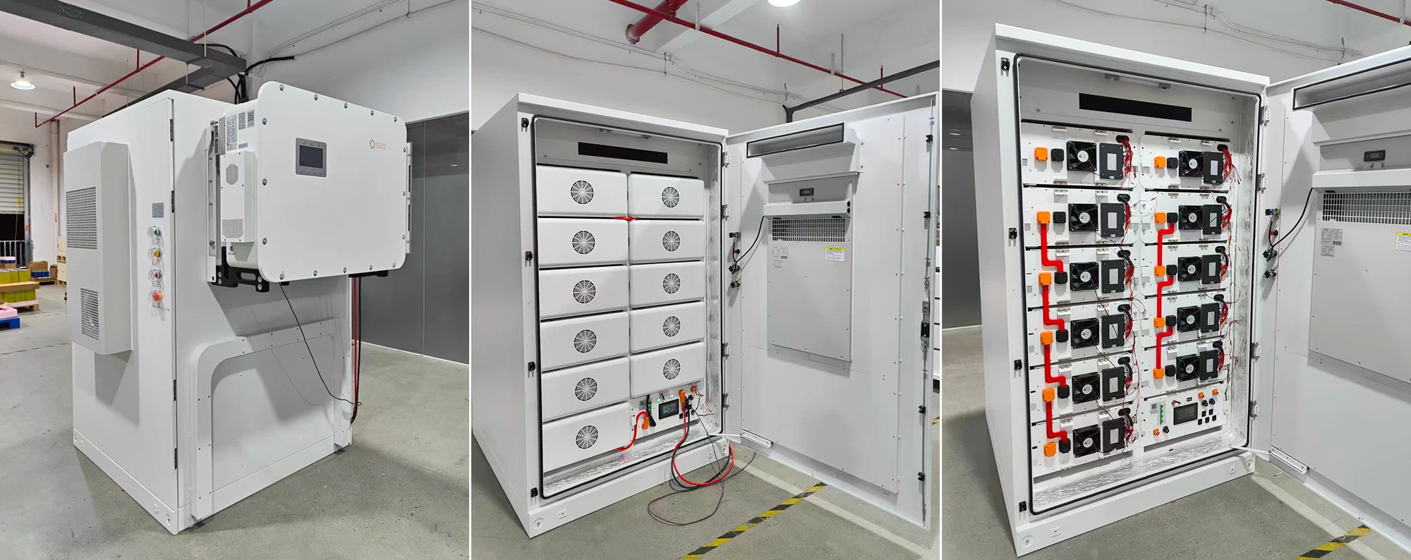 Solvic 96-256KWH 30KW outdoor battery cabinet factory real photo – actual cabinet appearance on production line, side air cooling vents, front access doors, quality build for commercial energy storage deployment